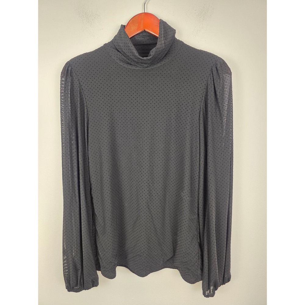 GANNI Black‎ Swiss Dot Mesh Turtleneck Puff Sleeve Blouse Women's Size 38 Medium